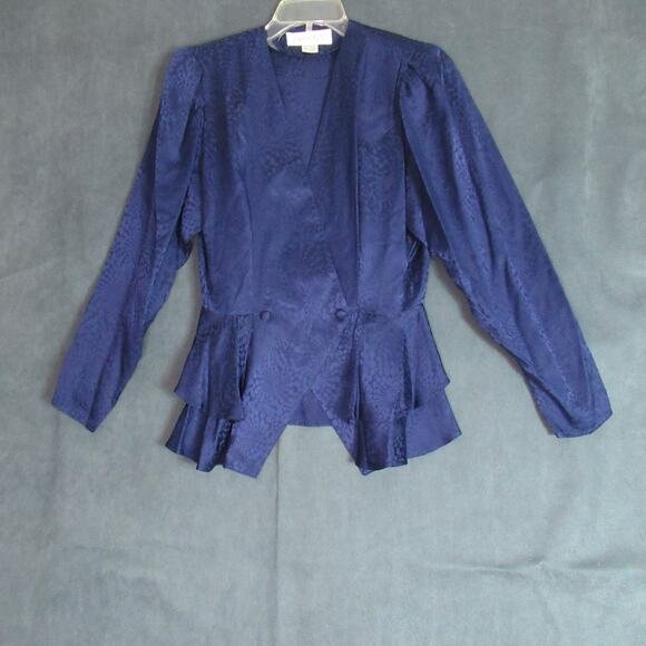 Vintage Argenti Skirt Suit Womens Size 6 Blue Silk Peplum Top Pencil 2 Pc 80s - Picture 2 of 12